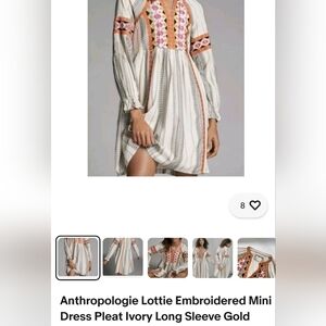 Anthropologie Lottie Embroidered Mini Dress Pleat Ivory Long Sleeve Gold